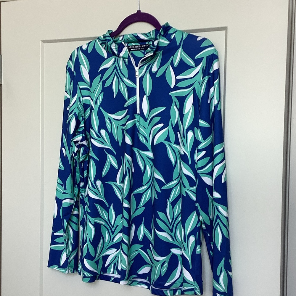 Katherine Way Navy Blue Leaf-Print Half-Zip Hoodie with Teal and White Leaves